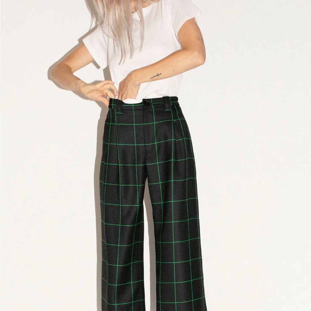 NO.6 KENT PANT Black and Green Plaid Wide Leg in SMALL - Picture 2 of 10